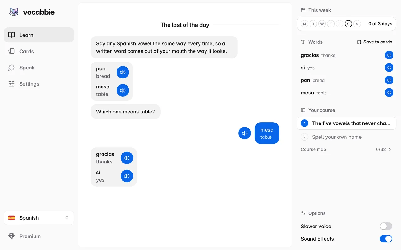 The Vocabbie web app: a Spanish lesson as a chat, with each word and its audio button